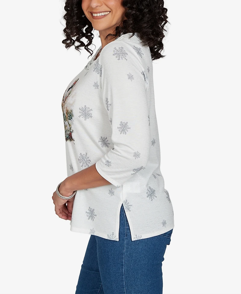 Alfred Dunner Petite Classic Shimmering Snowman Knit Top