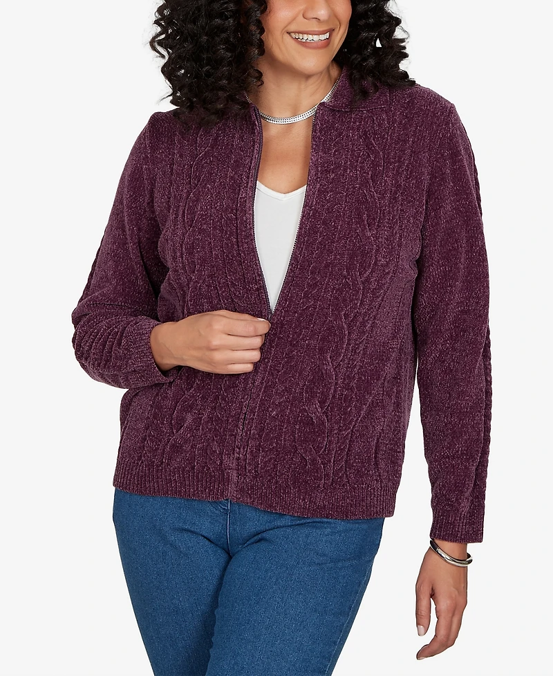 Alfred Dunner Petite Classic Cable Chenille Zip Cardigan Sweater