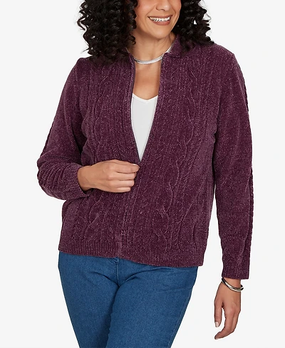 Alfred Dunner Petite Classic Cable Chenille Zip Cardigan Sweater