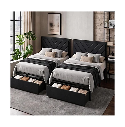 homfan Set of 2 Upholstered Twin Platform Bed Frame with Charging Station Headboard and Storage Drawers, Metal