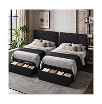 homfan Set of 2 Upholstered Twin Platform Bed Frame with Charging Station Headboard and Storage Drawers, Metal