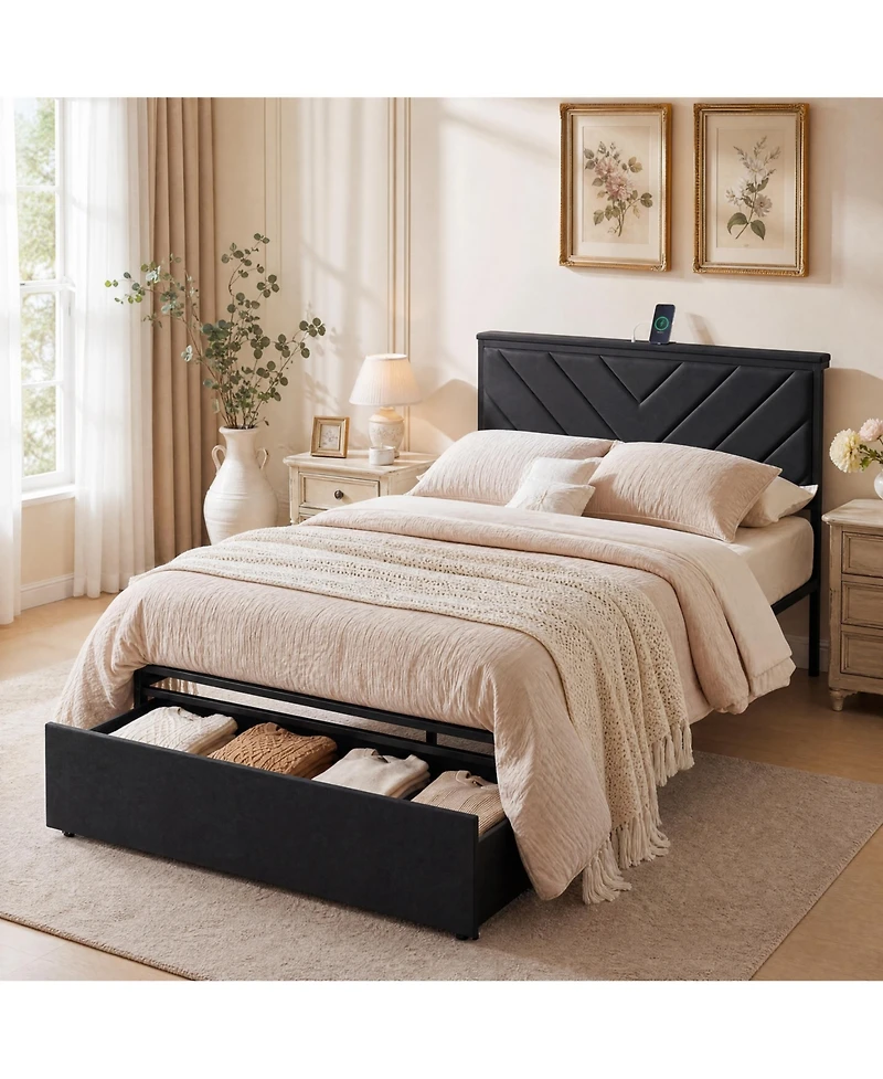 homfan Set of 2 Upholstered Twin Platform Bed Frame with Charging Station Headboard and Storage Drawers, Metal