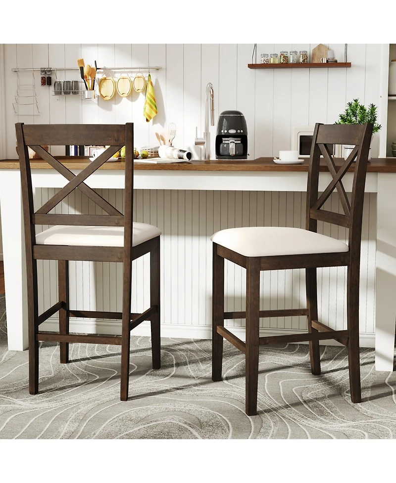 Costway Rubber Wood X-Back Bar Stools with Upholstered Cushioned Seats and Footrests