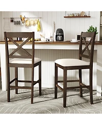 Costway Rubber Wood X-Back Bar Stools with Upholstered Cushioned Seats and Footrests