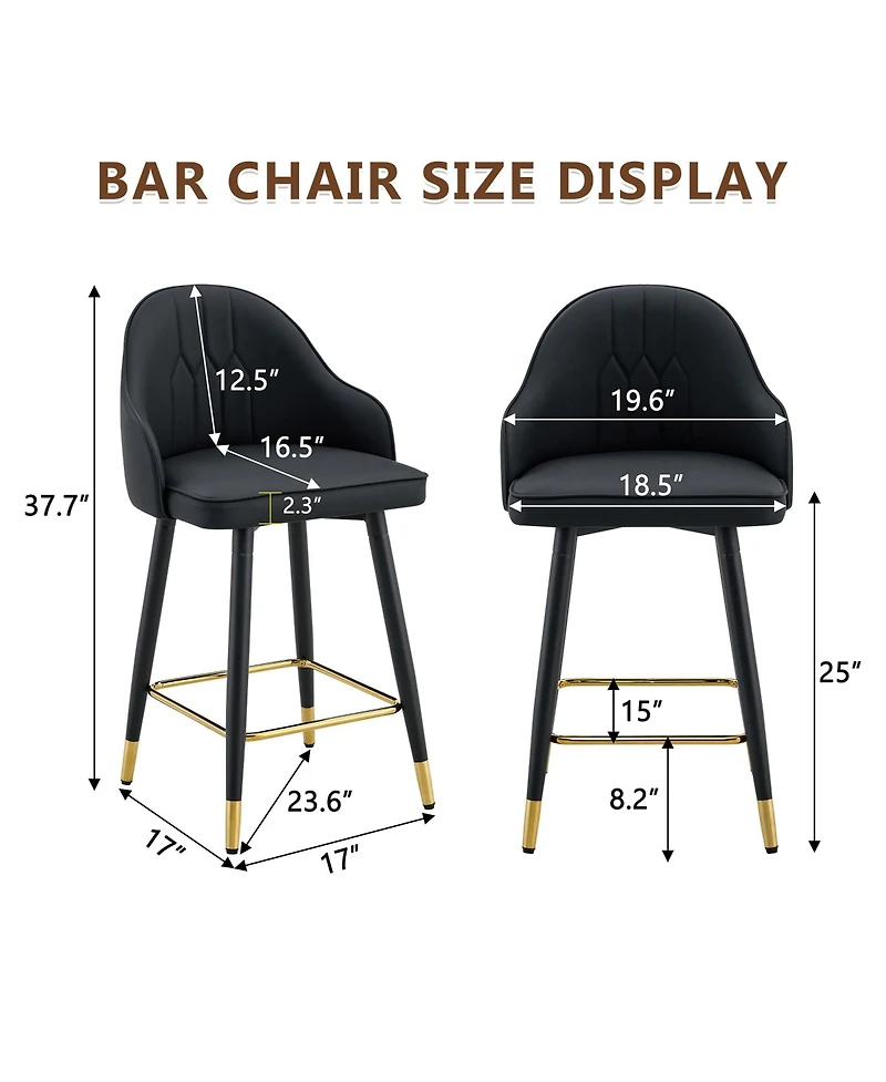 Clihome 2 Piece Pu Leather Bar Stools, Counter Height with Gold Footrest Dining Chairs