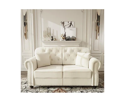 Rainsken 63" Mid-Century Velvet Sofa, Button Tufted Couch with Nailhead Trim, Rolled Armrests and 2 Pillows for Living Room, Apartment, Small Space