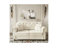 Rainsken 63" Mid-Century Velvet Sofa, Button Tufted Couch with Nailhead Trim, Rolled Armrests and 2 Pillows for Living Room, Apartment, Small Space