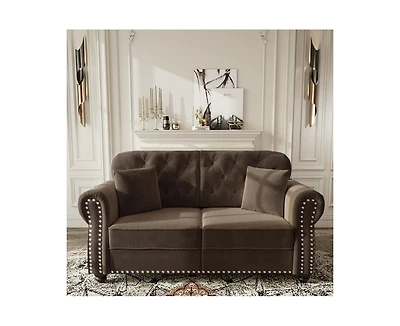 Rainsken 63" Mid-Century Velvet Sofa, Button Tufted Couch with Nailhead Trim, Rolled Armrests and 2 Pillows for Living Room, Apartment, Small Space