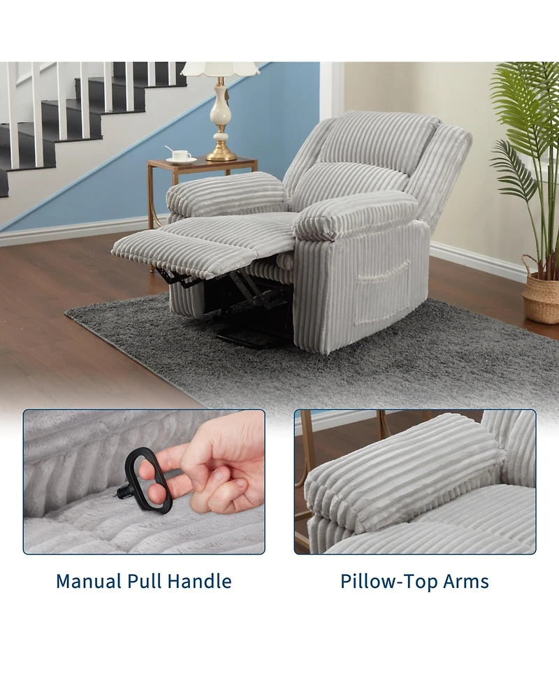 homfan Corduroy Manual Recliner Chair with Pillow Top Arms and Side Pocket, 330 lb Capacity
