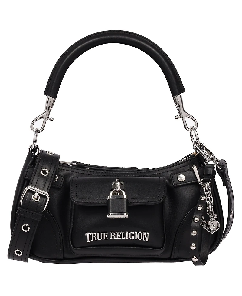 True Religion Women's Moto Shoulder Bag with Lock Pocket Charm – Convertible and Crossbody Purse