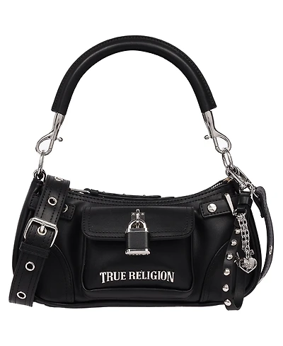 True Religion Women's Moto Shoulder Bag with Lock Pocket Charm – Convertible and Crossbody Purse