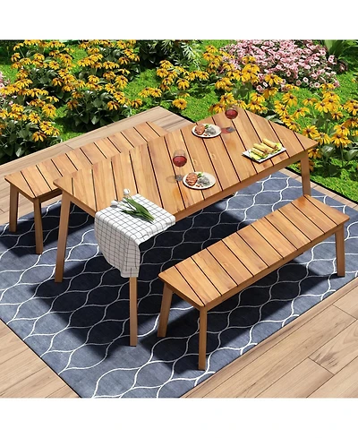 Asagikoiai 3-Piece Acacia Wood Outdoor Dining Table Set with 2 Benches