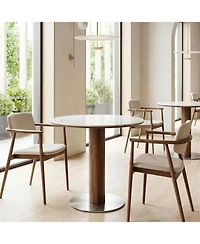 Tribesigns 31.5" Solid Wood Dining Table, Round Dinner Table with Sintered Stone Top and Steel Pedestal, Mid Century Modern Bistro Table