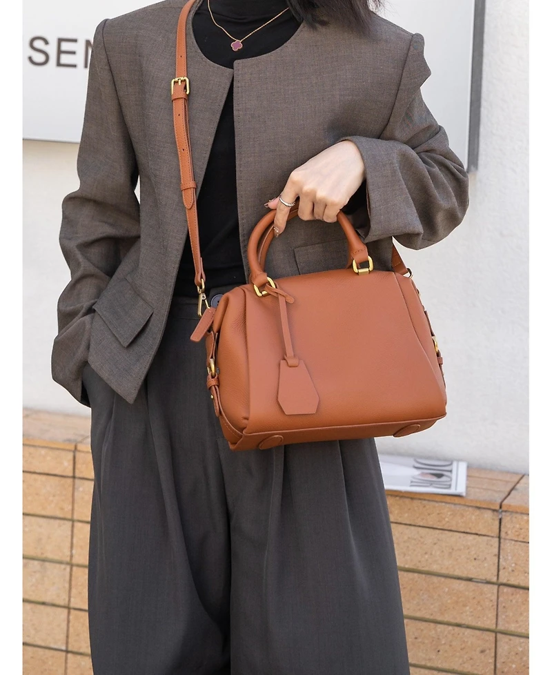Susu Quinn Women's Pebbled Leather Doctor Bag Structured Top Handle Satchel Crossbody Bowling Handbag
