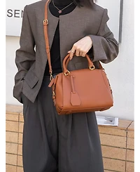 Susu Quinn Women's Pebbled Leather Doctor Bag Structured Top Handle Satchel Crossbody Bowling Handbag