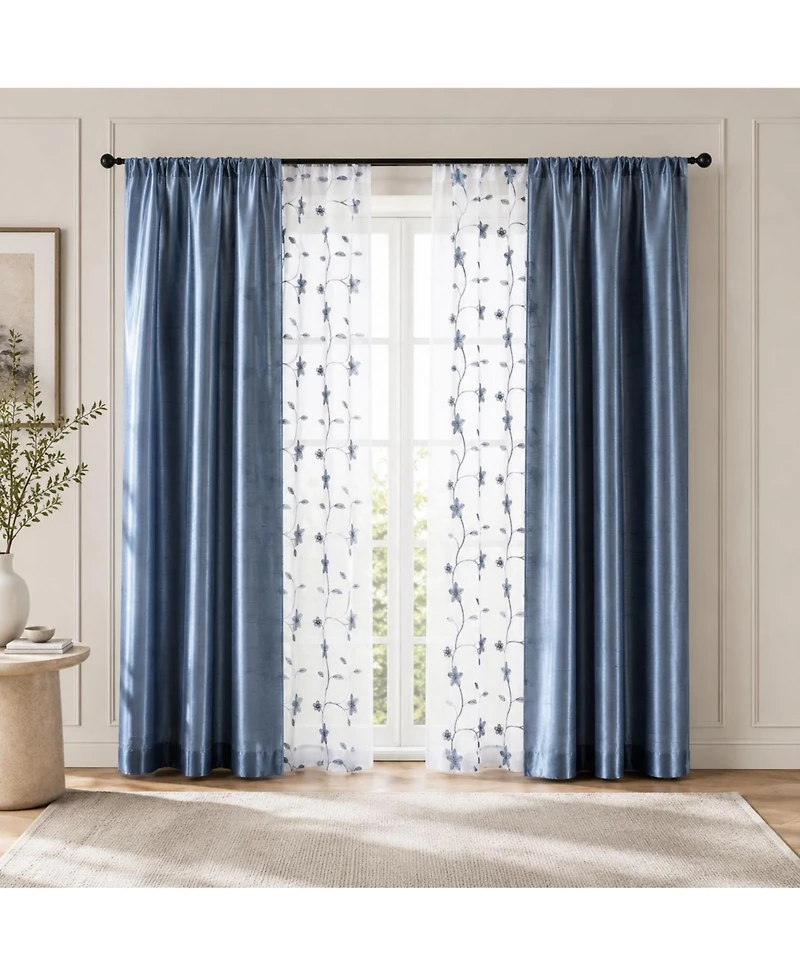 Kate Aurora Jasmine Embroidered 6 Piece Rod Pocket Coordinating Sheer Window Curtain Panels