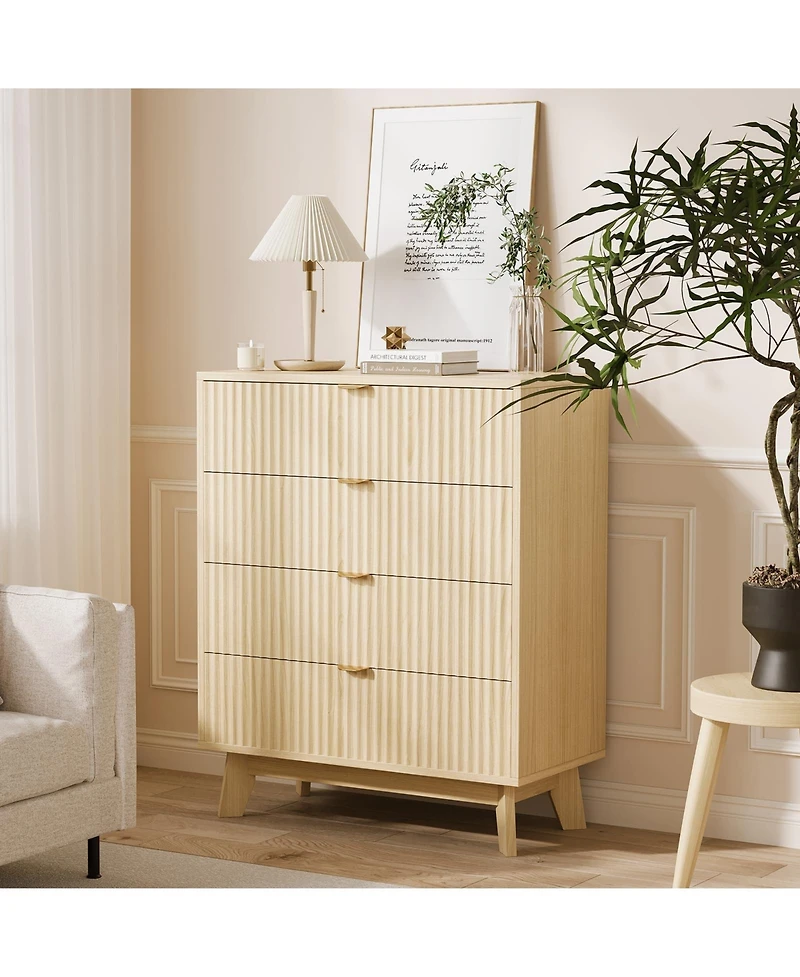 homfan 2 Set of Modern Closet Fluted Wood 4 Drawer Dressers for Bedroom Living Room Hallway Closet