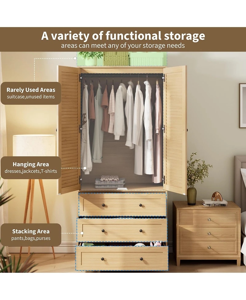 homfan Freestanding Bedroom Wardrobe, 2-Door Closet with Hanging Rod and 3 Drawers, Melamine Finish Storage Cabinet, Idea For Bedroom, Living Room