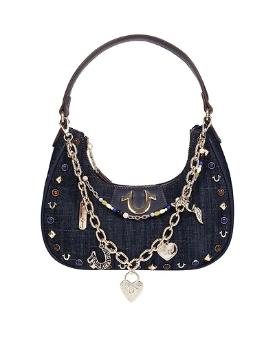 True Religion Women's Studded Denim Shoulder Bag with Removable Charm Chain