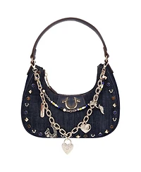 True Religion Women's Studded Denim Shoulder Bag with Removable Charm Chain