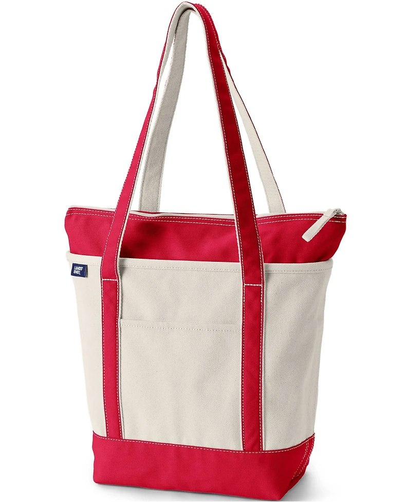 Lands' End Medium 5 Pocket Zip Top Long Handle Canvas Tote Bag
