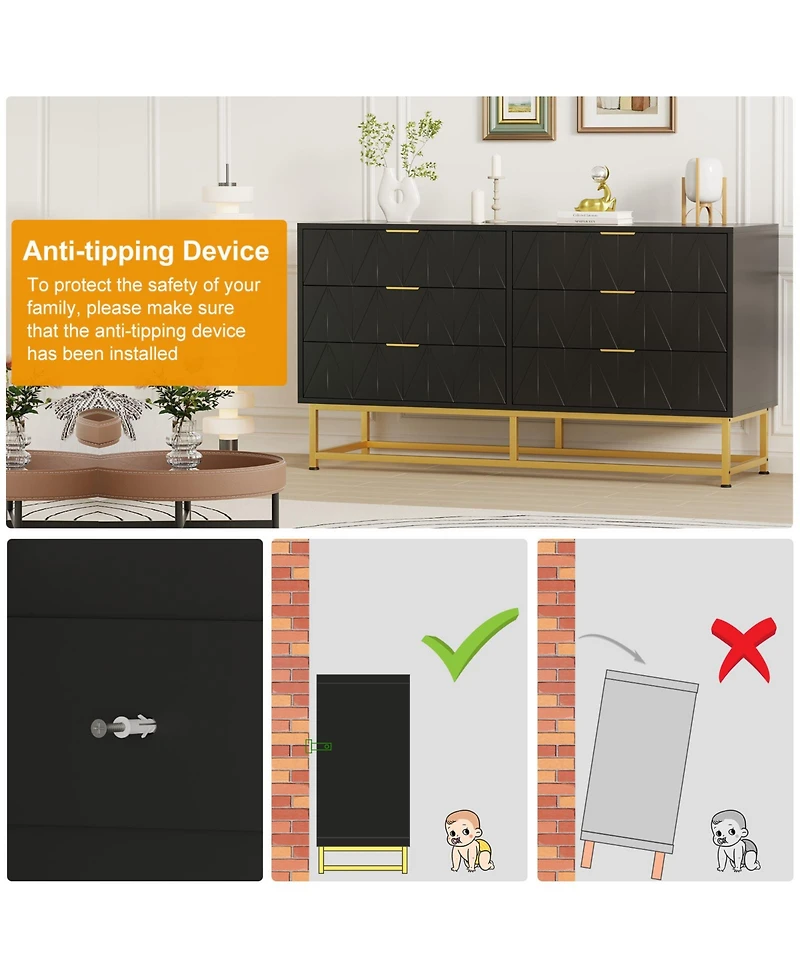 homfan Modern 6 Drawer Dresser Furniture, Wide Storage Chest with Wood Top, Metal Legs, Spacious Organizer for Bedroom, Living Room, Entryway