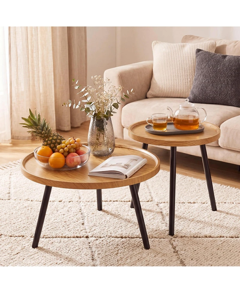 homfan Round Nesting Coffee Table Set of 2, Wood-Grain and Metal Accent Table, Warm Wood Finish