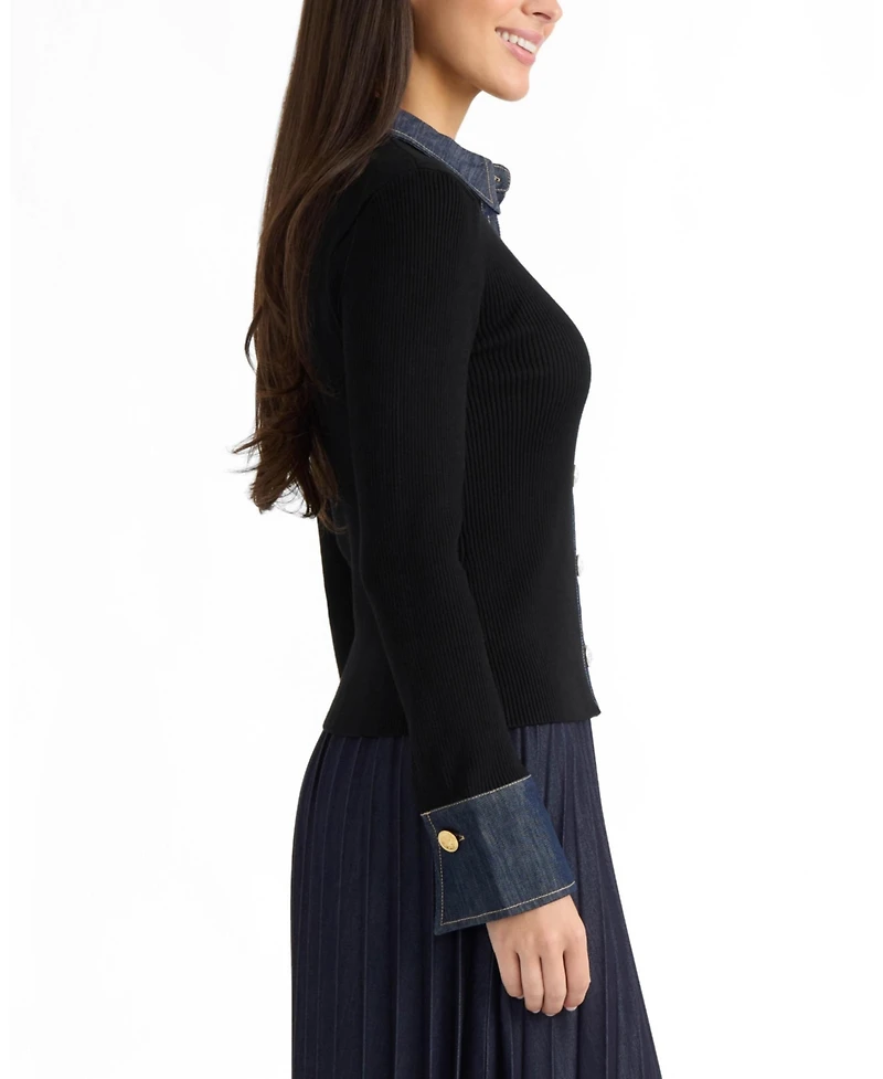 Ellen Tracy Women's Collared Button-Front Denim Trim Cardigan