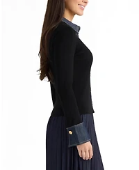 Ellen Tracy Women's Collared Button-Front Denim Trim Cardigan