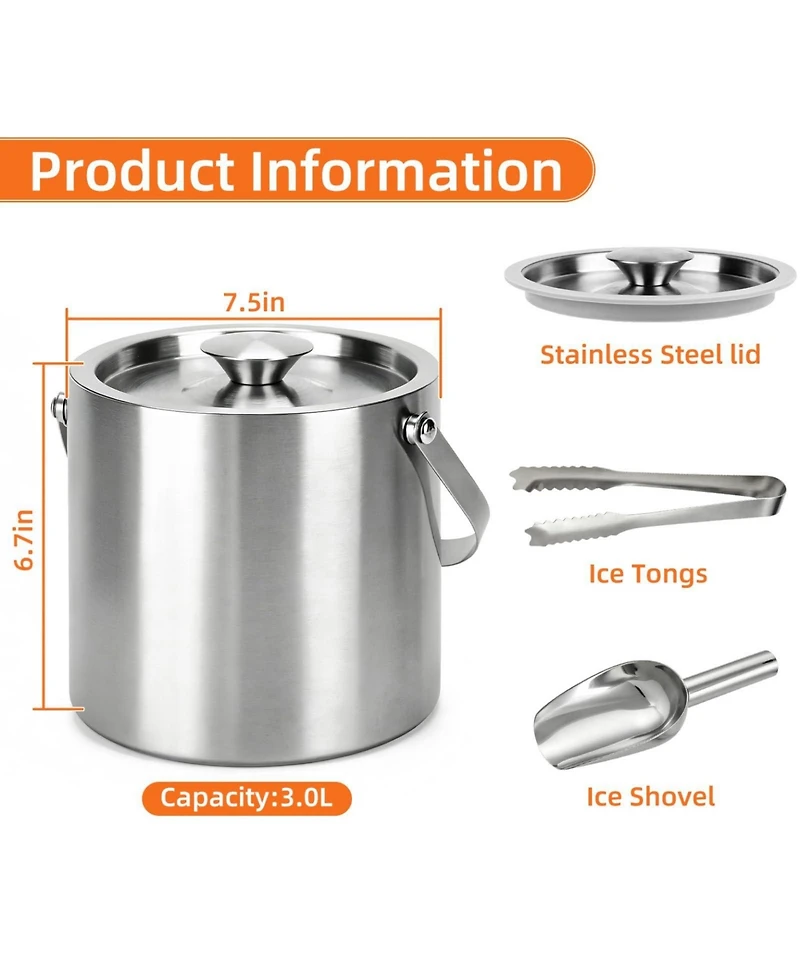 Piscifun 3L Double Wall Stainless Steel Ice Bucket with Lid Scoop Tongs Handle Insulated Container for Parties Bar Camping