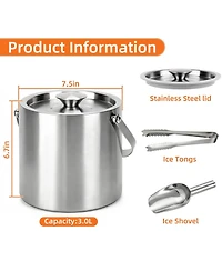 Piscifun 3L Double Wall Stainless Steel Ice Bucket with Lid Scoop Tongs Handle Insulated Container for Parties Bar Camping