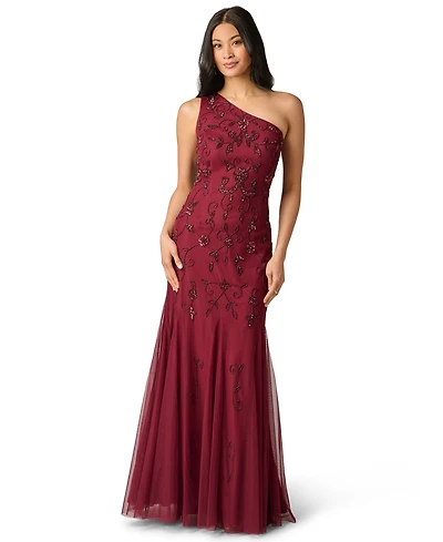 Adrianna Papell Women's One-Shoulder Beaded Godet Gown