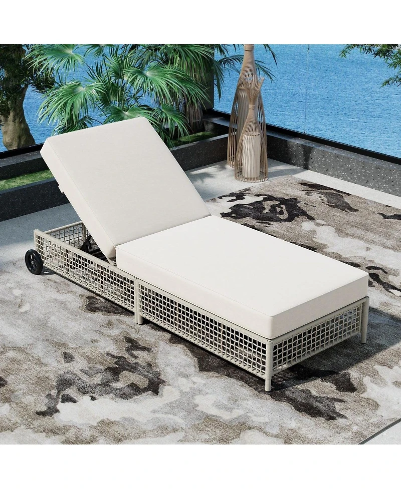 Asagikoiai Outdoor Lounge Chair, 5-Position Rattan Patio Chaise with Wheels and Cushion
