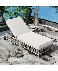 Asagikoiai Outdoor Lounge Chair, 5-Position Rattan Patio Chaise with Wheels and Cushion
