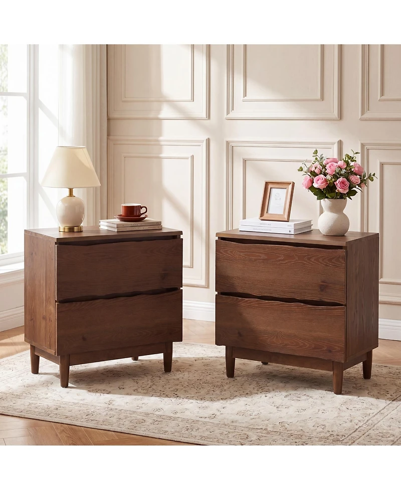 Tribesigns 2-Drawer Live-Edge Solid Wood Nightstand Set of 2, Mid-Century Modern Bedside Table with Storage, End Table