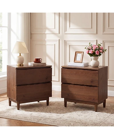Tribesigns 2-Drawer Live-Edge Solid Wood Nightstand Set of 2, Mid-Century Modern Bedside Table with Storage, End Table