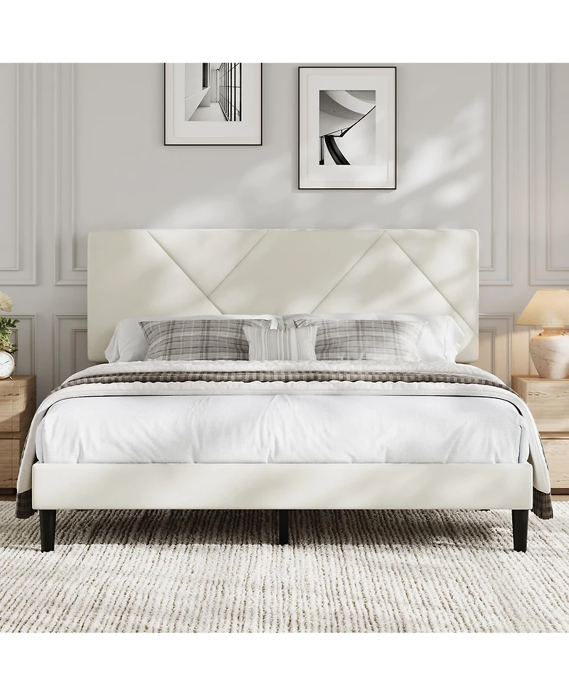 homfan Queen Upholstered Bed Frame with Diamond-Quilted Headboard and Wood Slats, No Box Spring and Noise-Free