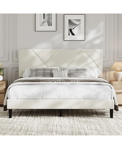 homfan Queen Upholstered Bed Frame with Diamond-Quilted Headboard and Wood Slats, No Box Spring and Noise-Free