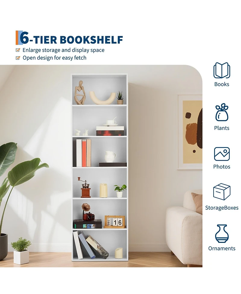 homfan 71.4" 6-Tier Bookcase, Industrial Rustic Brown Shelf with Storage, Wide Open Unit for Office, Living Room and Bedroom, Vertical Standing Design