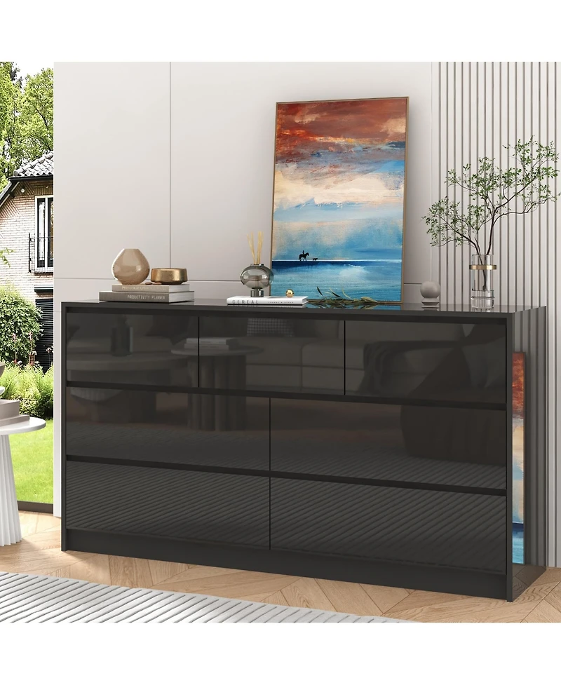 homfan Modern Handle-Free 7 Drawer Dresser, High Gloss Wood Chest for Bedroom Storage, Spacious Cabinet Living Room, Entryway, Hallway,
