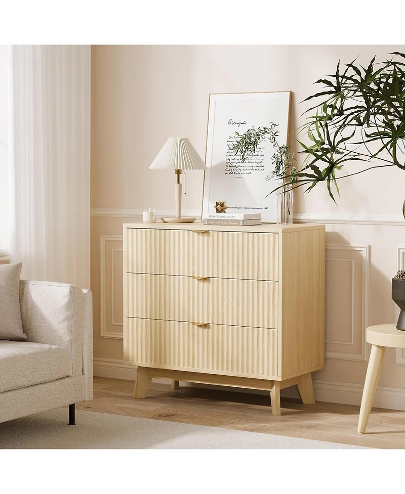 homfan Modern Set of 2 Chests of Drawers, 3 Drawers, Fluted Sides, Mid-Century Style, Made of Wood, Ideal for Living Room, Bedroom or Hallway