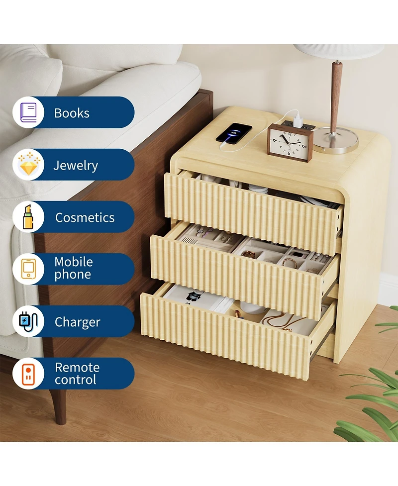 homfan 23.6-Inch Fluted Nightstand with Charging Station and 3 Drawers, Warm Wood Finish