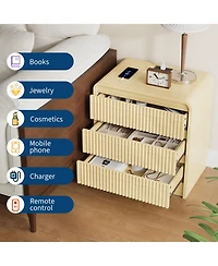 homfan 23.6-Inch Fluted Nightstand with Charging Station and 3 Drawers, Warm Wood Finish