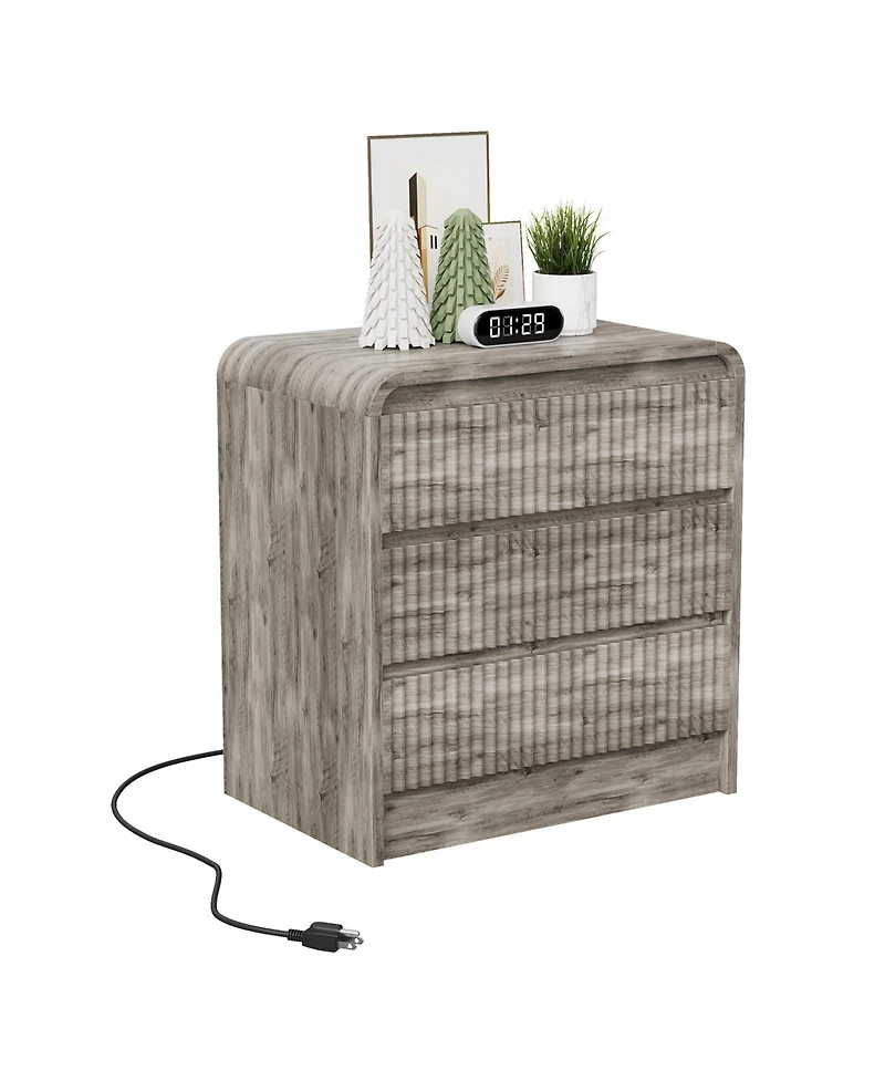 homfan 23.6-Inch Fluted Nightstand with Charging Station and 3 Drawers