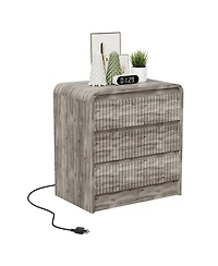 homfan 23.6-Inch Fluted Nightstand with Charging Station and 3 Drawers