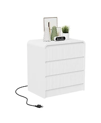 homfan 23.6-Inch White Fluted Nightstand with Charging Station and 3 Drawers