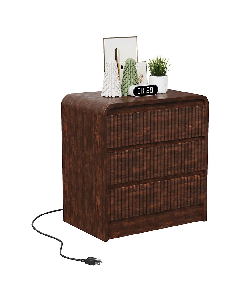 homfan 23.6-Inch Walnut Fluted Nightstand with Charging Station and 3 Drawers
