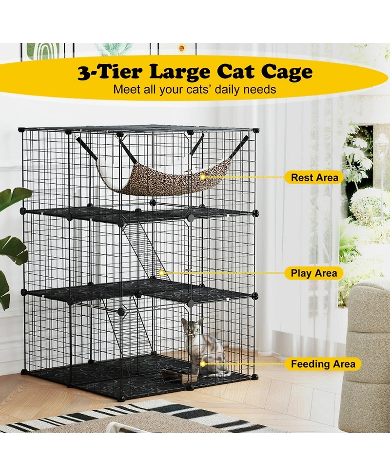 Hongge 3-Tier Indoor Cat Cage Detachable Metal Wire Enclosure with Hammock and Skylight