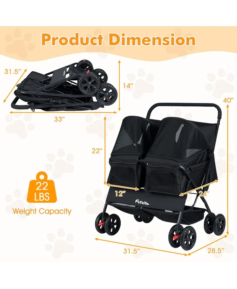 Hongge Foldable Double Pet Stroller with Adjustable Sunshade Safety Leash and Storage Baskets