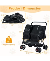 Hongge Foldable Double Pet Stroller with Adjustable Sunshade Safety Leash and Storage Baskets
